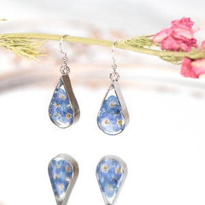 Something Blue Bridal Jewellery. Real Forget Me Not Earrings. Hook Resin Sterling Silver Earrings. Wedding bridal flower girl bridesmaid