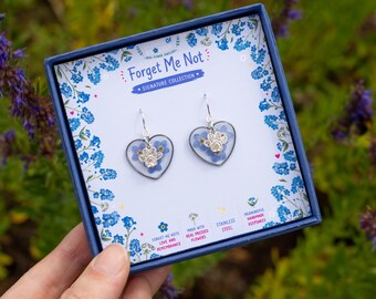 Paw Forget Me Not Heart Silver Real Pressed Flower Earrings