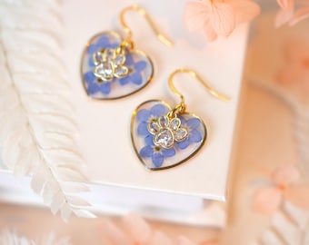 Paw Forget Me Not Heart Gold Real Pressed Flower Earrings
