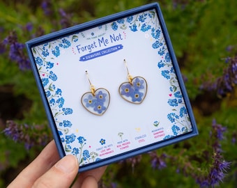 Forget Me Not Heart Gold Real Pressed Flower Earrings