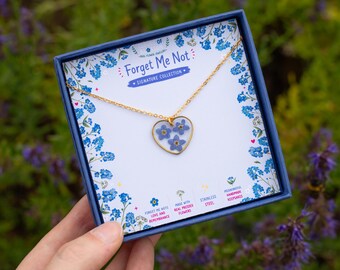 Forget Me Not Heart Gold Real Pressed Flower Necklace