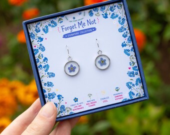Forget Me Not Silver Circle Real Pressed Flower Earrings