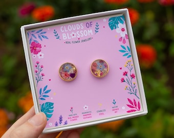 Colourful Gold Circle Stud Real Pressed Flower Earrings