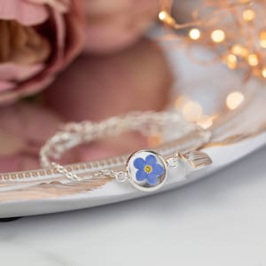 Something Blue. Real Pressed Forget Me Not Silver Plated Bracelet. Bridal Jewellery or Favour. Floral summer jewellery. Best friend gift.