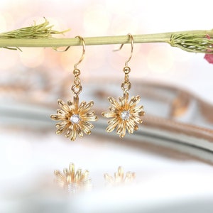 Crystal Gold Flower Hypoallergenic Earrings. Daisy on Sterling Silver Hooks. Bridal bridesmaid flower girl jewellery accessories. Birthday image 1