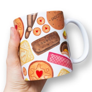 Nostalgic British Biscuit Watercolour Hand Painted Printed Mug. UK English Tea Gift. Bright Colourful Food Graphic Illustration. Novelty Cup