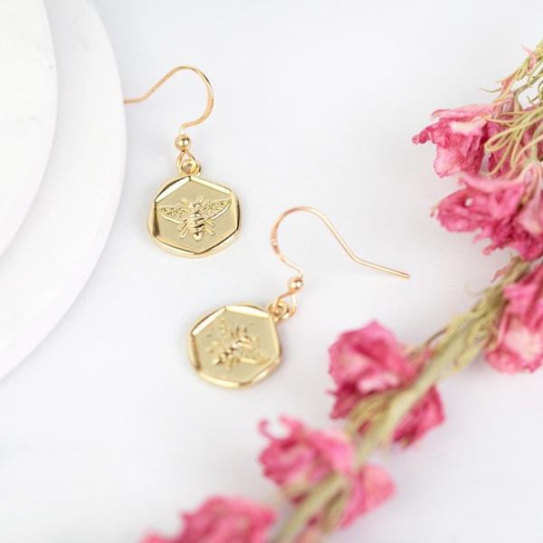 Gold Bee Hammered Coin Hypoallergenic Earrings. Metal nature animal jewellery accessories. Romantic gift for her. Unique hook earring.