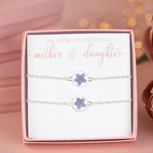 Mother & Daughter Present. Real Flower Forget Me Not Silver Bracelet. Mum Gift Ideas. Personalised Mother&#39;s Day Gifts From Daughter.