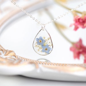 Something Blue Bridal Jewellery. Real Forget Me Not Necklace. Resin Silver Wedding bridal flower girl bridesmaid. Birthday present daughter
