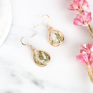Real Preserved Christmas Tree. Pine Leaf Gold Resin Earrings. Xmas gift for girlfriend, daughter, mum, grandma.