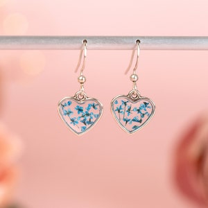 Real Pressed Flower Tiny Heart Earrings. Sterling Silver. Blue flower resin earring. Floral jewellery. Christmas gift Something Blue Wedding image 1