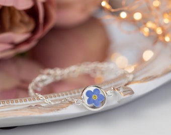 Something Blue. Real Pressed Forget Me Not Silver Plated Bracelet. Bridal Jewellery or Favour. Floral summer jewellery. Best friend gift.