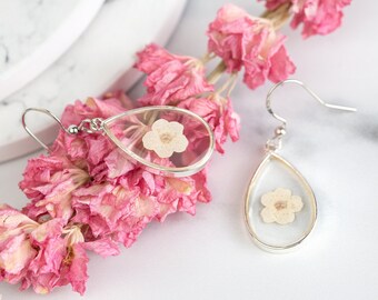 White Blossom Bridal Jewellery. Wedding Earrings Real Flower in Resin. Silver delicate dainty bridesmaid flower girl maid of honour gift
