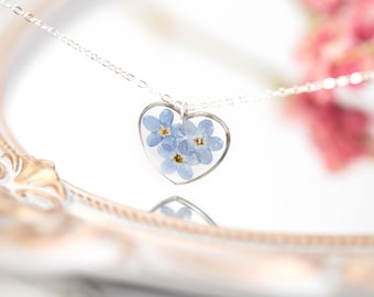 Something Blue. Real Pressed Forget Me Not Heart Necklace. Wedding accessory or favour. Bridal bridesmaids jewellery. Female Bridal gift.