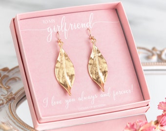 Valentine's Day Girlfriend Gift. Gold Hammered Metal Leaf. Sterling Silver Earring Hooks. Personalised Anniversary Jewellery Gift Idea