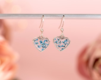 Real Pressed Flower Tiny Heart Earrings. Sterling Silver. Blue flower resin earring. Floral jewellery. Christmas gift Something Blue Wedding