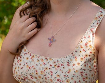Colourful Floral Cross Real Pressed Flower Necklace