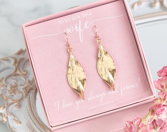 Valentine's Day Wife Gift. Gold Hammered Metal Leaf. Sterling Silver Earring Hooks. Personalised Anniversary Jewellery Gift Idea