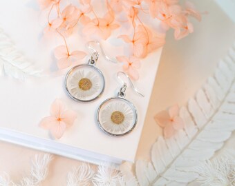 Daisy Silver Circle Real Pressed Flower Earrings