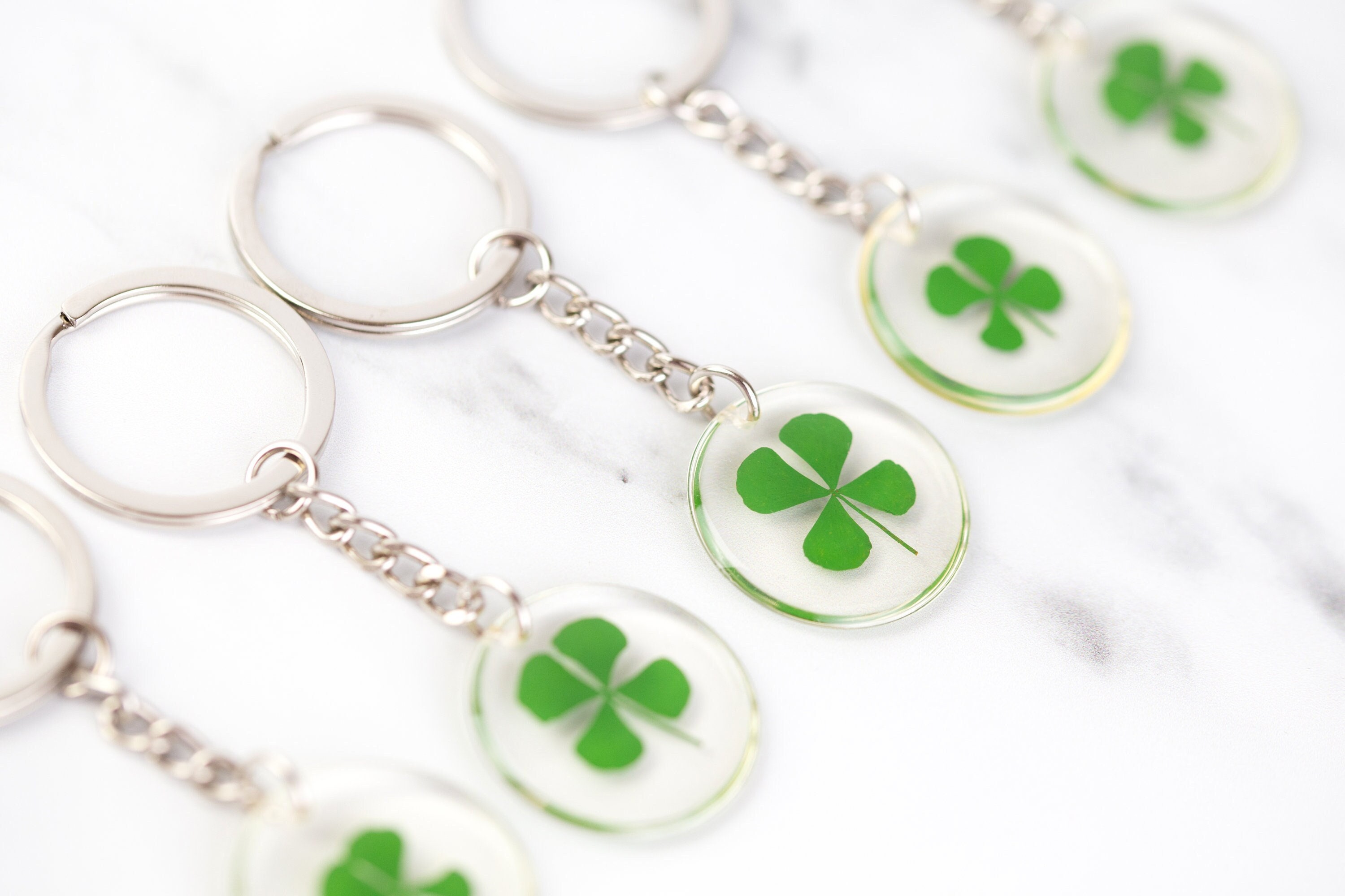 Real Pressed Four Leaf Clover Silver Keyring. Lucky resin ring key chain good luck present. Natural leaves bag charm. Unique gift for her