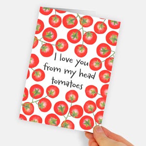Plantable Tomato Novelty Pun Seed Card. Cartão de saudação de comida de flores silvestres. Cartão de saudação impresso pintado à mão em aquarela. Inglês do Reino Unido