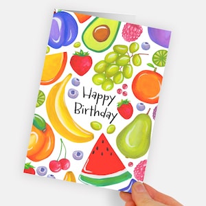 Carte de graines de fruits à planter pour joyeux anniversaire. Carte de voeux fantaisie fleurs sauvages aux fruits. Avocat Raisin Orange Aquarelle Fraise Myrtille