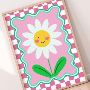 Arte mural floral de margaritas sonrientes dibujadas a mano / Galería infantil A3 A4, póster de flores de cocina con estampado de cuadros retro rosa, obra de arte positiva y colorida