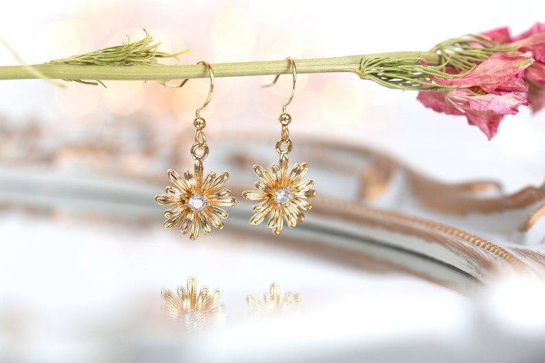 Crystal Gold Flower Hypoallergenic Earrings. Daisy on Sterling Silver Hooks. Bridal bridesmaid flower girl jewellery accessories. Birthday image 1