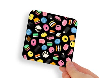 Nostalgic British Liquorice Sweets Hand Painted Printed Coaster. UK English Tea Gift. Bright Colourful Food Retro Graphic Illustration.