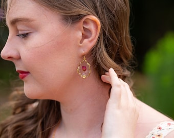 Rose Bud Gold Floral Teardrop Real Pressed Flower Earrings
