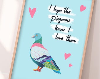Hand Drawn Pigeon Love Wall Art Print | Colourful Rainbow Animal Bird Blue Poster