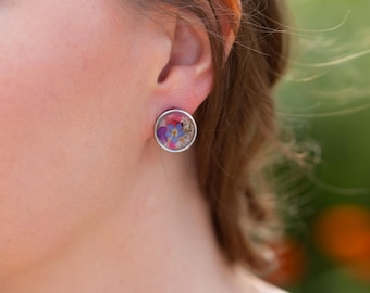 Colourful Silver Circle Stud Real Pressed Flower Earrings