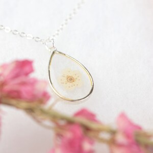 White Blossom Bridal Jewellery. Wedding Necklace Real Flower in Resin. Silver delicate dainty bridesmaid flower girl maid of honour gift image 5