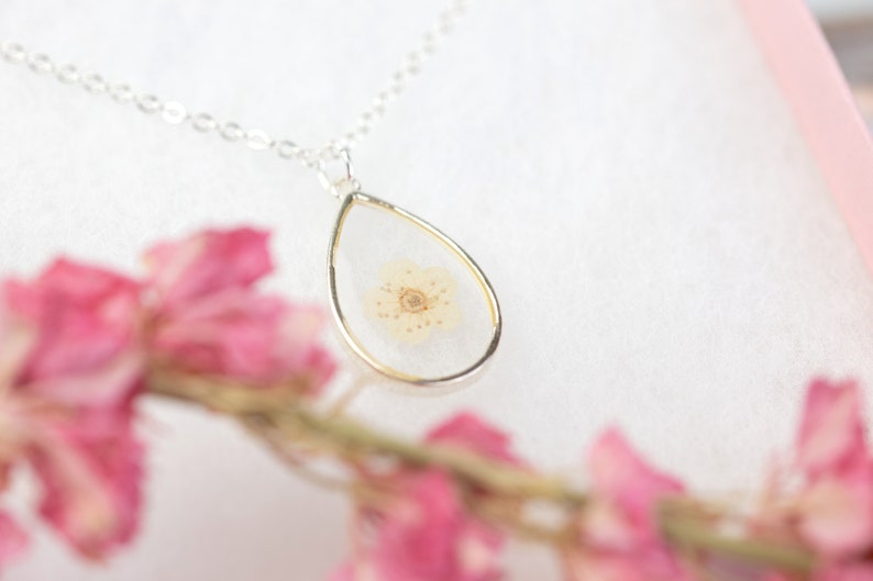 White Blossom Bridal Jewellery. Wedding Necklace Real Flower in Resin. Silver delicate dainty bridesmaid flower girl maid of honour gift image 5
