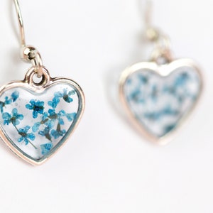 Real Pressed Flower Tiny Heart Earrings. Sterling Silver. Blue flower resin earring. Floral jewellery. Christmas gift Something Blue Wedding image 6