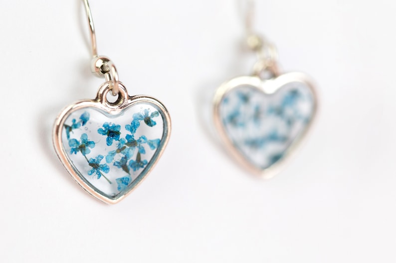 Real Pressed Flower Tiny Heart Earrings. Sterling Silver. Blue flower resin earring. Floral jewellery. Christmas gift Something Blue Wedding image 6