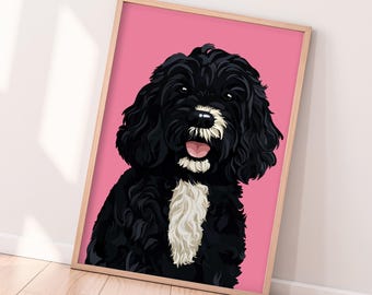 Cockapoo Black and White with White Tuxedo and Nose Dog Print | A4 A3 House Pet Wall Art Pink Poster. Personalised Colour