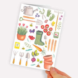 Plantable Gardening Seed Card. Wildflower Garden Greeting Card. Watercolour Flowers, Wellies, Plants, Shovel, Butterfly Hand Painted