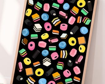 Hand Drawn Liquorice British Sweets Wall Art | Colourful Rainbow Candy Food Black Poster