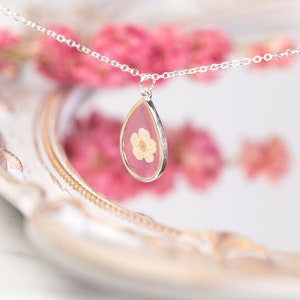 White Blossom Bridal Jewellery. Wedding Necklace Real Flower in Resin. Silver delicate dainty bridesmaid flower girl maid of honour gift image 4