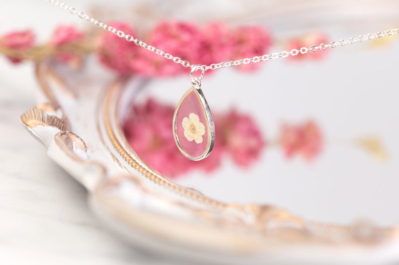 White Blossom Bridal Jewellery. Wedding Necklace Real Flower in Resin. Silver delicate dainty bridesmaid flower girl maid of honour gift image 4