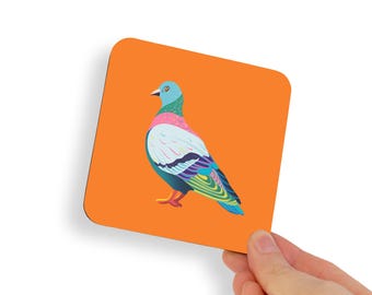 Hand Drawn Pigeon Coaster. Colourful Rainbow Animal Bird Blue Illustration