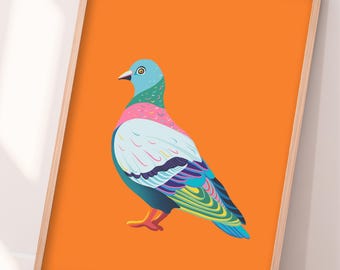 Hand Drawn Pigeon Wall Art Print | Colourful Rainbow Animal Bird Blue Poster