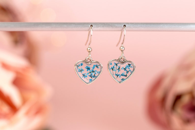 Real Pressed Flower Tiny Heart Earrings. Sterling Silver. Blue flower resin earring. Floral jewellery. Christmas gift Something Blue Wedding image 1