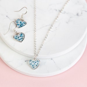 Real Pressed Flower Tiny Heart Earrings. Sterling Silver. Blue flower resin earring. Floral jewellery. Christmas gift Something Blue Wedding image 5