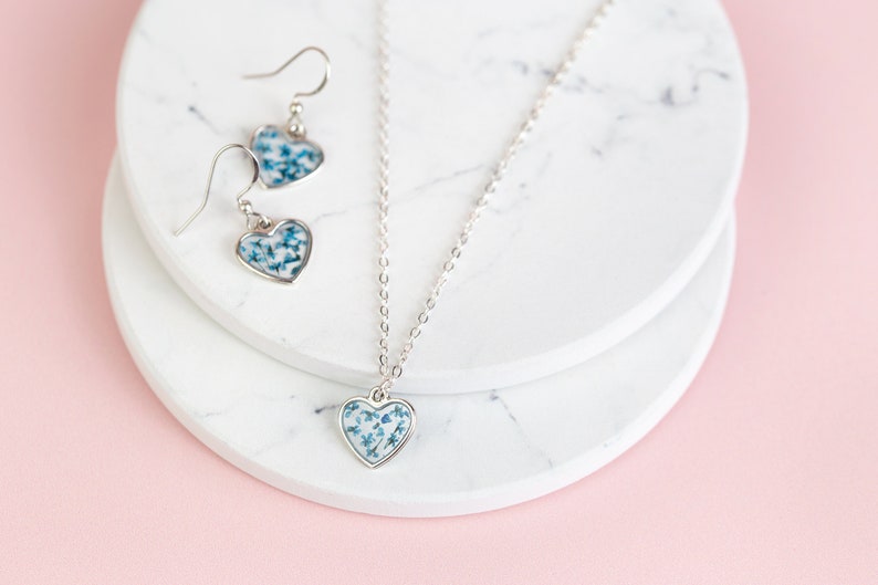 Real Pressed Flower Tiny Heart Earrings. Sterling Silver. Blue flower resin earring. Floral jewellery. Christmas gift Something Blue Wedding image 5