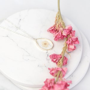 White Blossom Bridal Jewellery. Wedding Necklace Real Flower in Resin. Silver delicate dainty bridesmaid flower girl maid of honour gift image 8