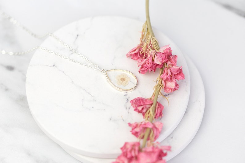 White Blossom Bridal Jewellery. Wedding Necklace Real Flower in Resin. Silver delicate dainty bridesmaid flower girl maid of honour gift image 8