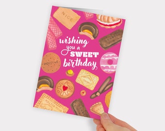 Birthday Pink Nostalgic British Biscuit Watercolour Hand Painted Printed Greeting Card. UK English Tea Gift. Colourful Food Illustration.