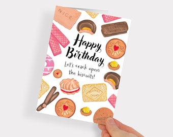 Nostalgic British Biscuit Happy Birthday Hand Painted Printed Greeting Card. UK English Tea Gift. Bright Colourful Food Illustration.